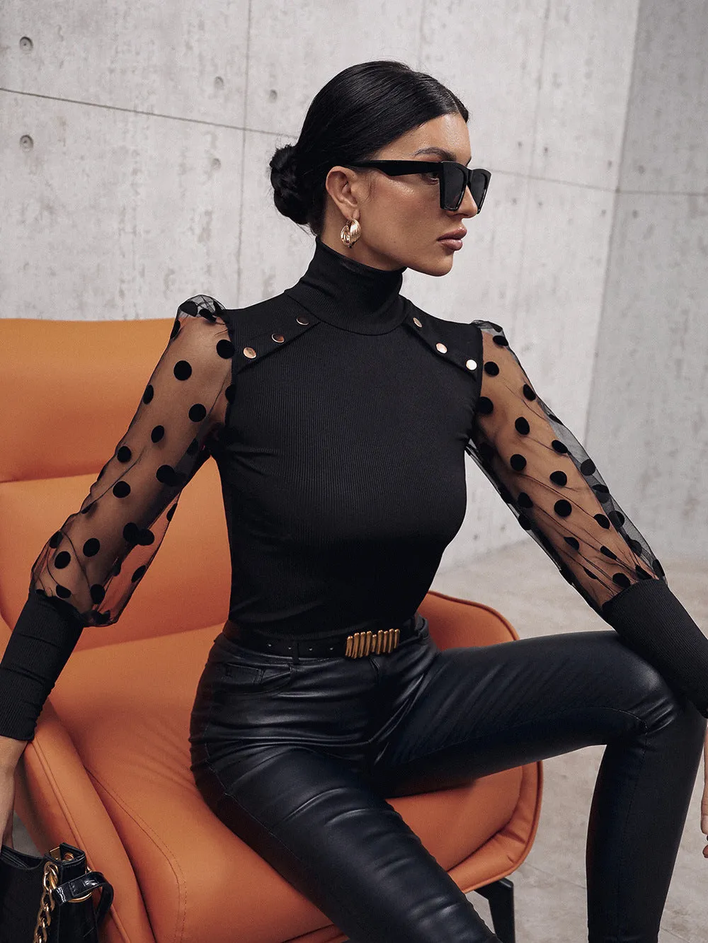 Lantern Sleeve Turtle Neck Blouse