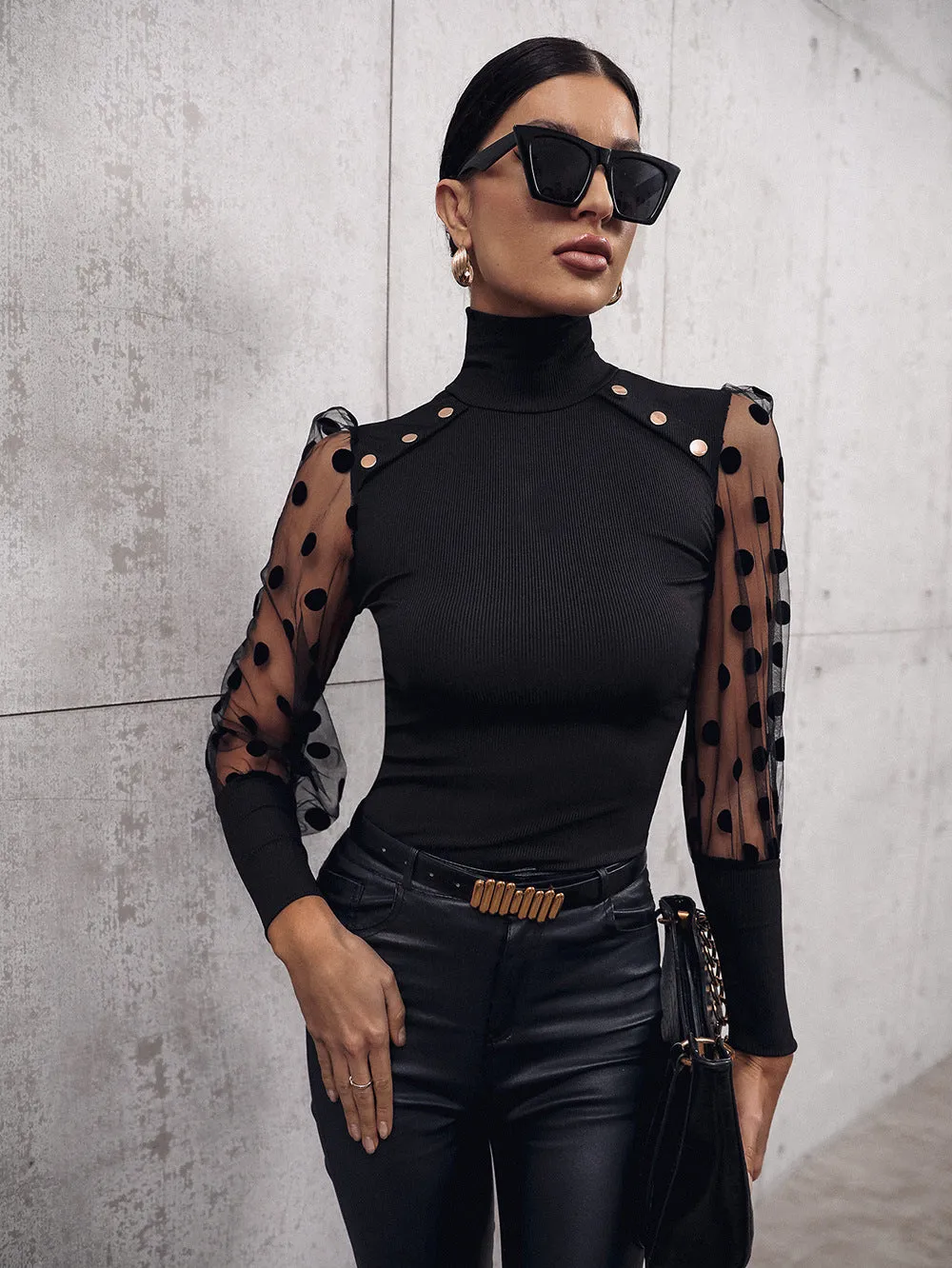Lantern Sleeve Turtle Neck Blouse