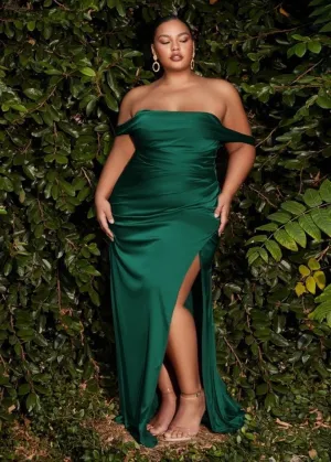 Leeza Satin Off Shoulder Maxi Dress Curve Emerald