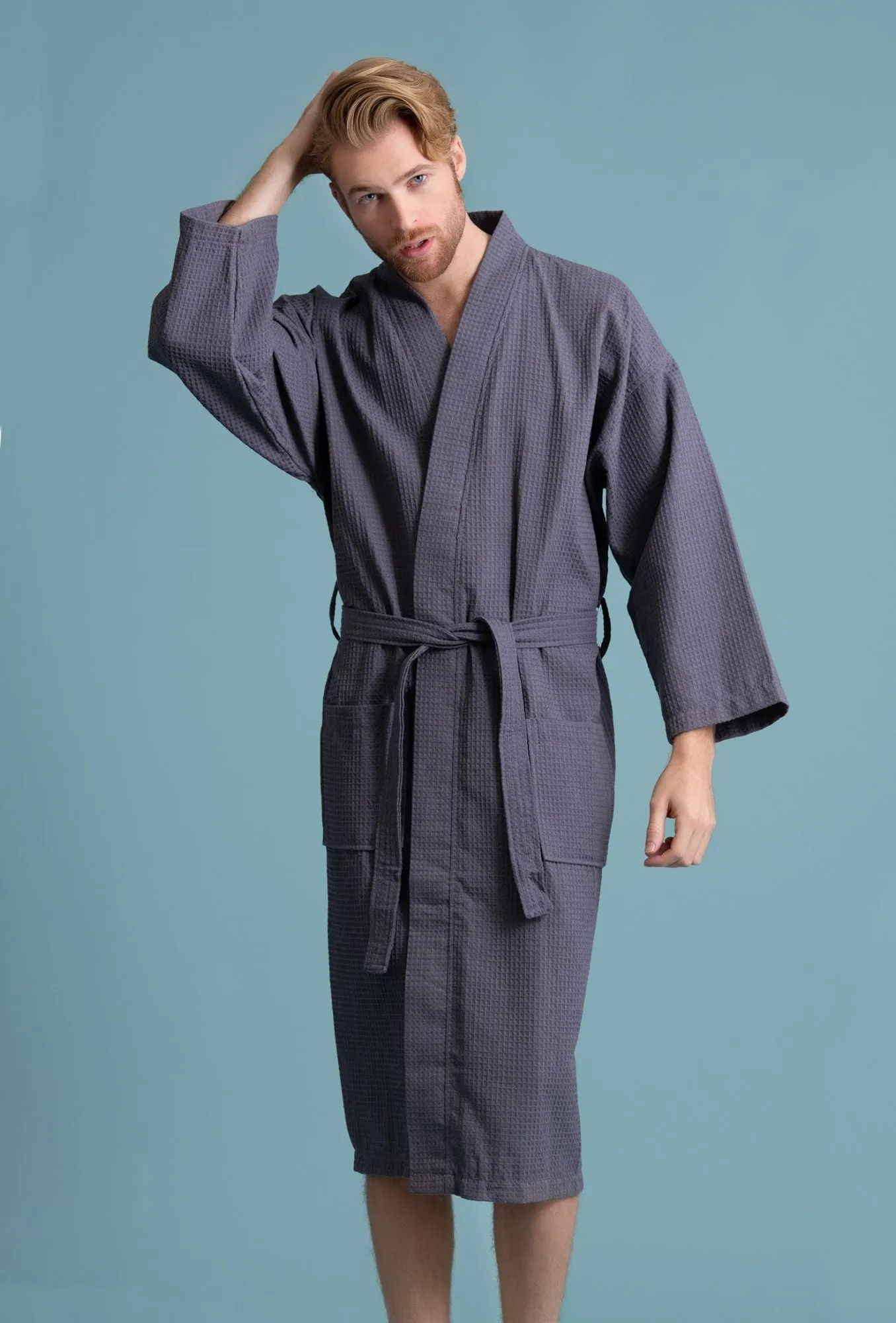 Men's Waffle Kimono Charcoal Robe