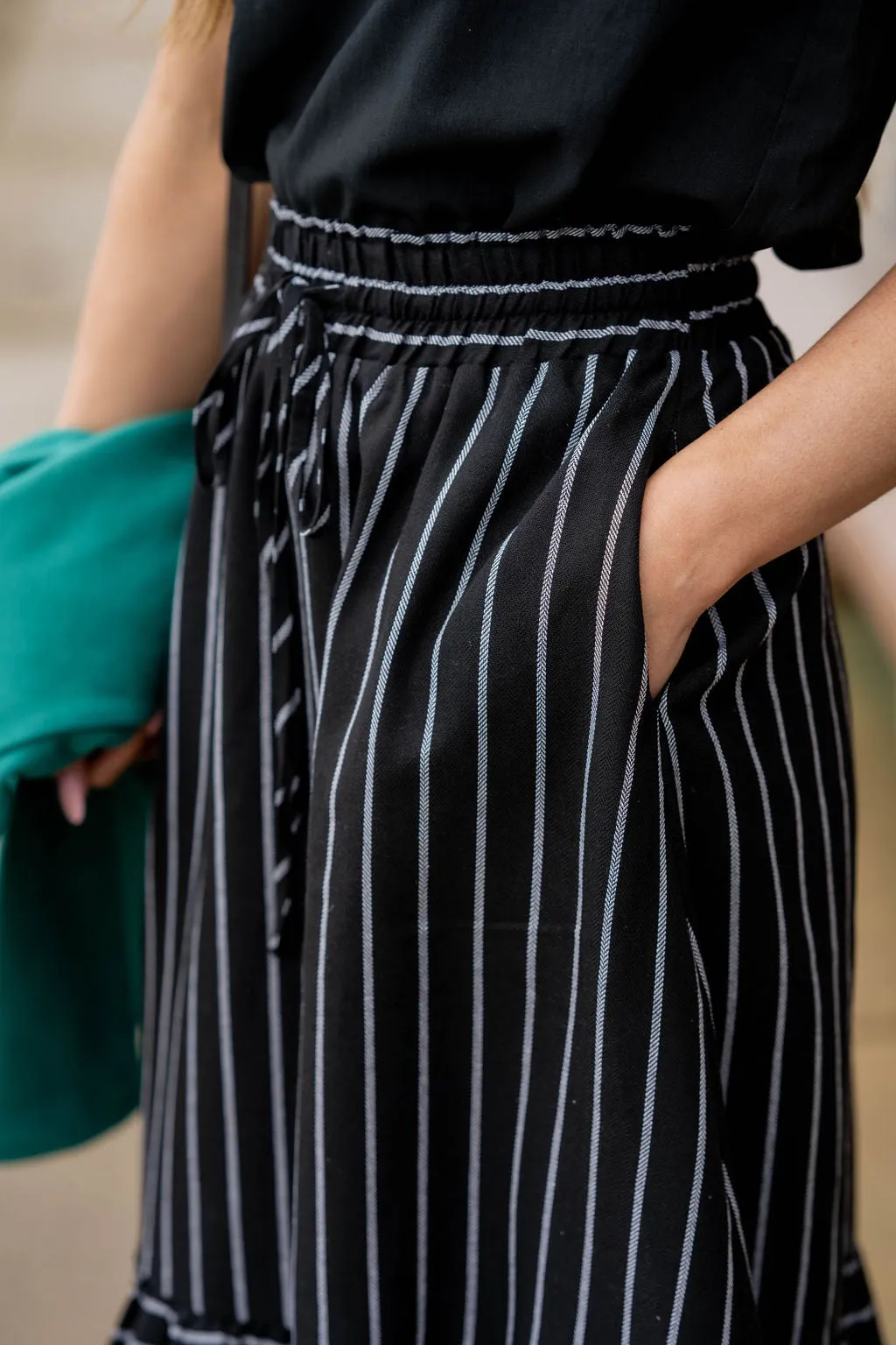 Mixed Stripes Ruffle Bottom Midi Skirt