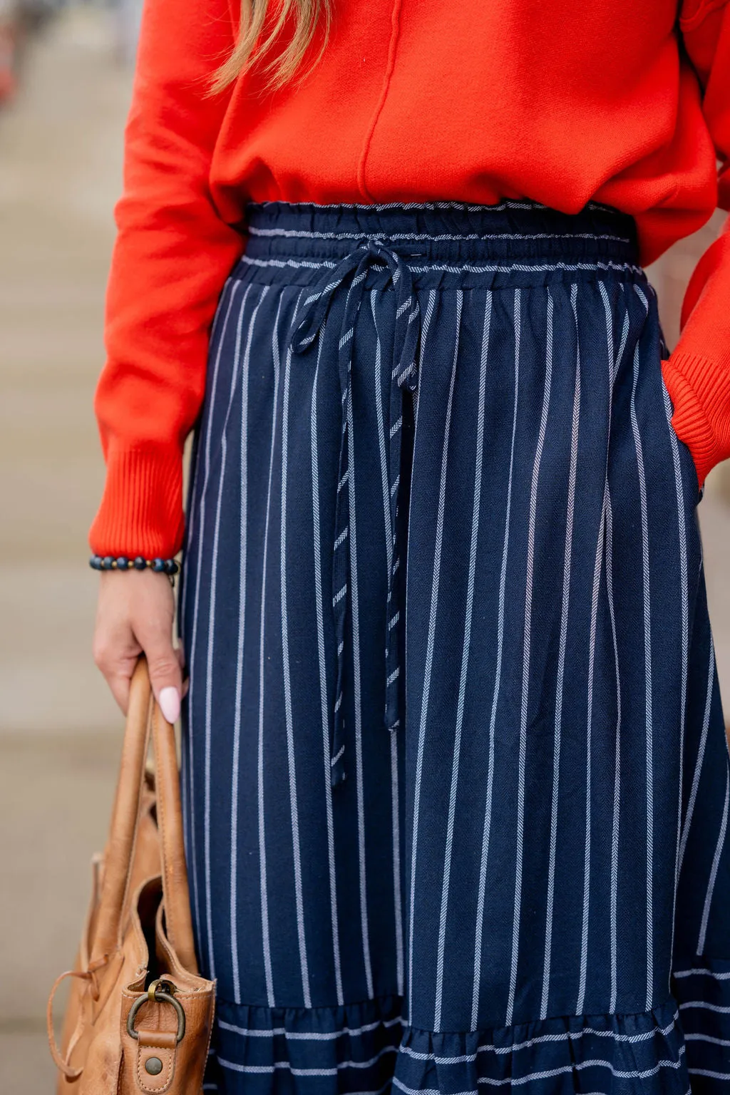 Mixed Stripes Ruffle Bottom Midi Skirt