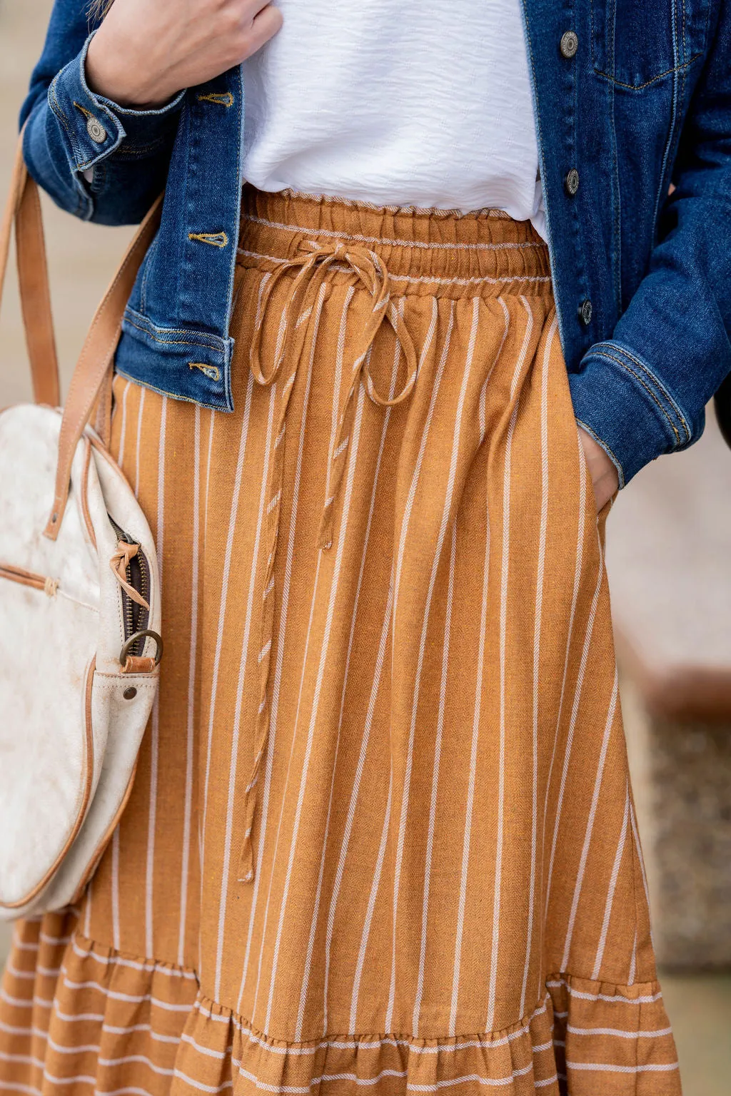 Mixed Stripes Ruffle Bottom Midi Skirt