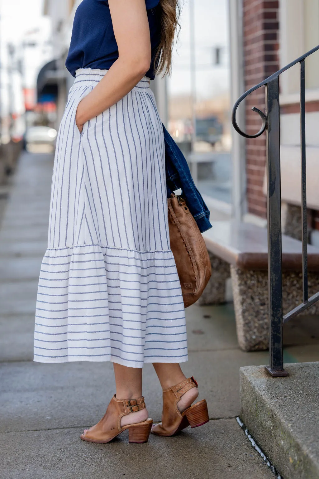 Mixed Stripes Ruffle Bottom Midi Skirt