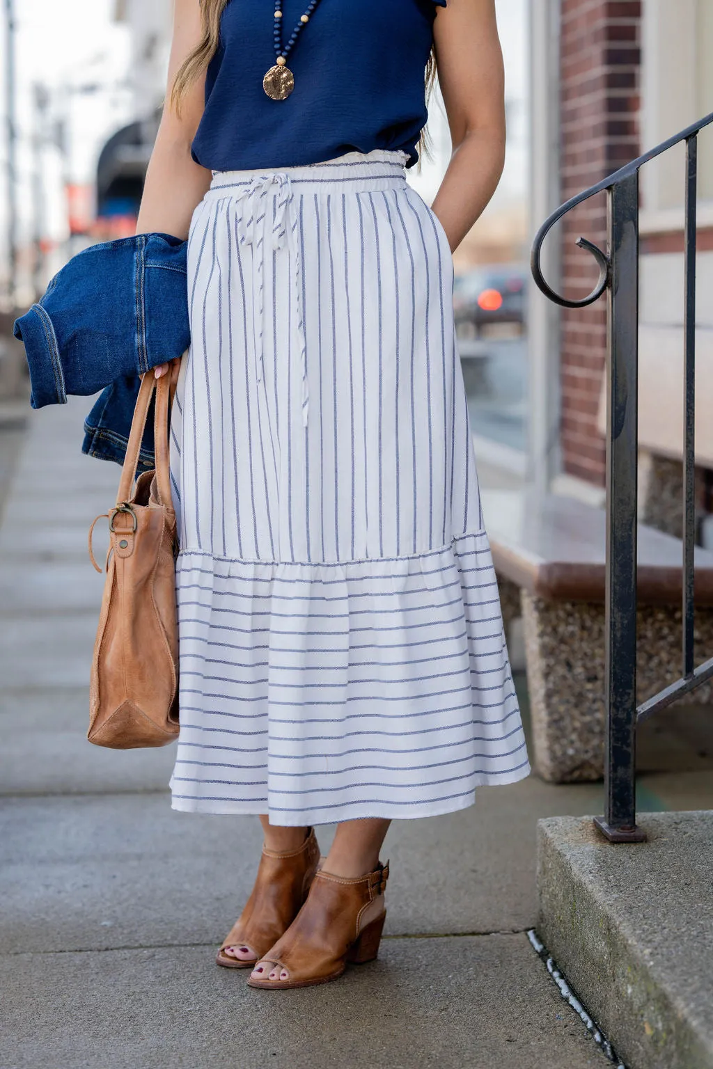 Mixed Stripes Ruffle Bottom Midi Skirt