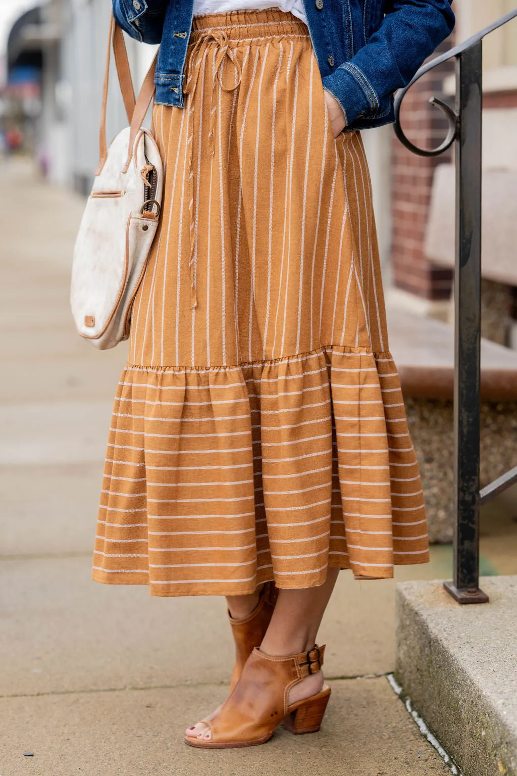 Mixed Stripes Ruffle Bottom Midi Skirt