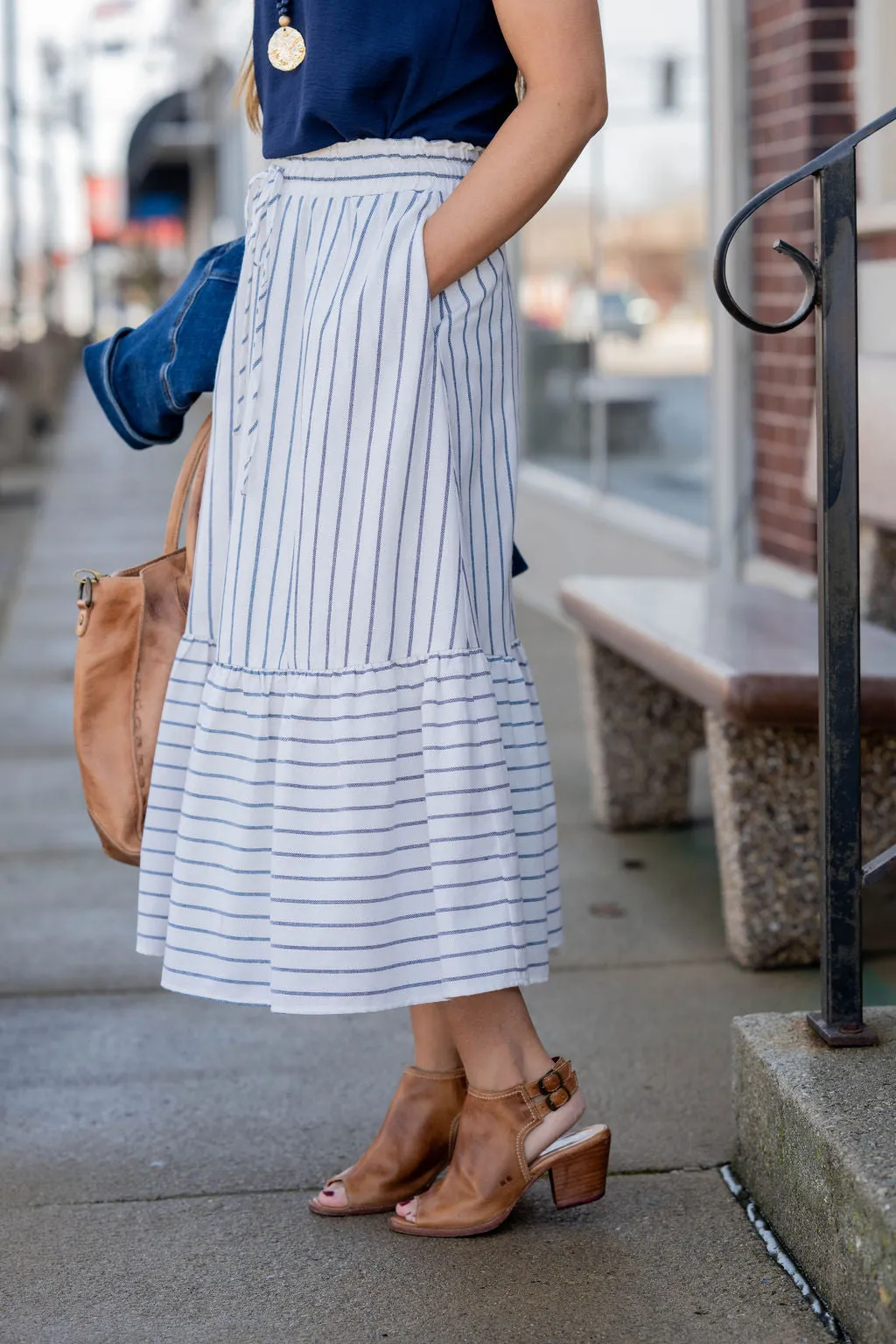 Mixed Stripes Ruffle Bottom Midi Skirt