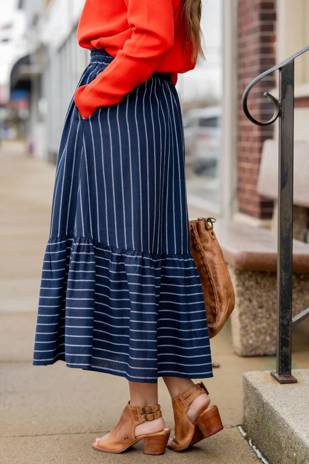 Mixed Stripes Ruffle Bottom Midi Skirt