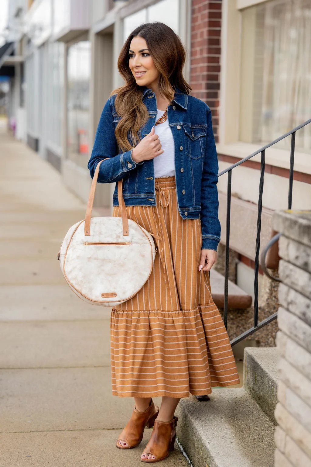 Mixed Stripes Ruffle Bottom Midi Skirt