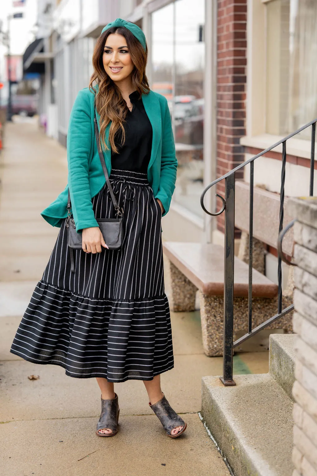Mixed Stripes Ruffle Bottom Midi Skirt