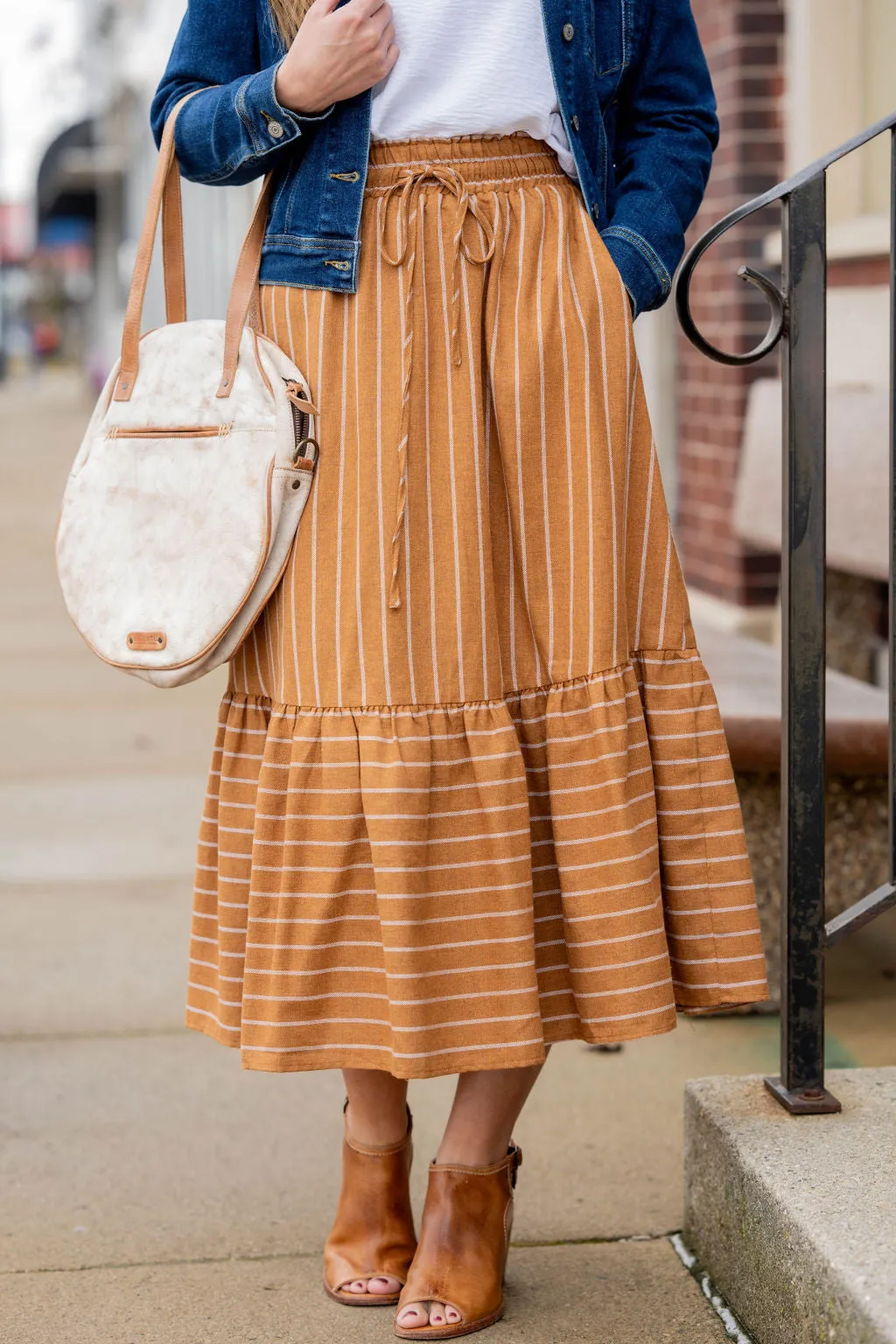 Mixed Stripes Ruffle Bottom Midi Skirt
