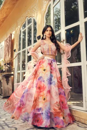 Multi Color Organza Printed Real Mirror With Sequins Embroidery Work Wedding Lehenga