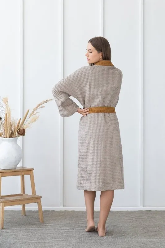 Natural and Amber linen waffle robe two tones
