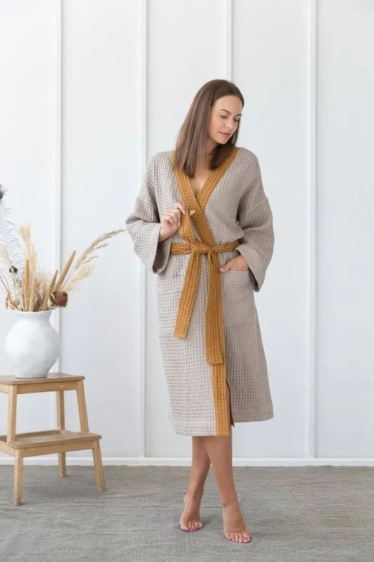 Natural and Amber linen waffle robe two tones