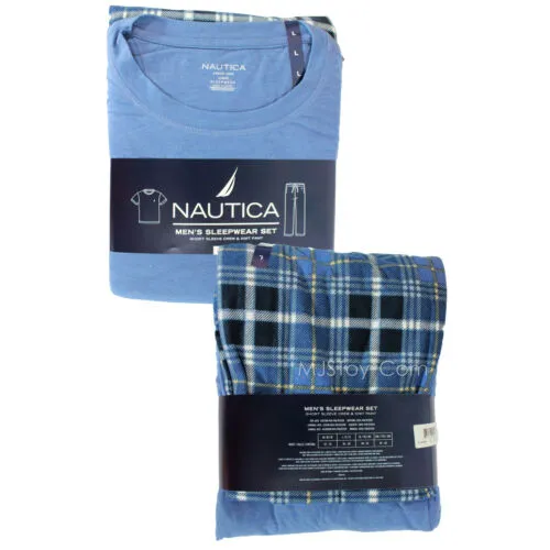 Nautica Men's Pajama Sleepwear Set Short Sleeve Crew Tee & Knit Fleece Pant