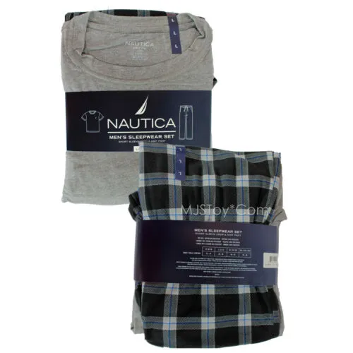 Nautica Men's Pajama Sleepwear Set Short Sleeve Crew Tee & Knit Fleece Pant