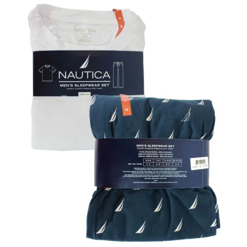 Nautica Men's Pajama Sleepwear Set Short Sleeve Crew Tee & Knit Fleece Pant