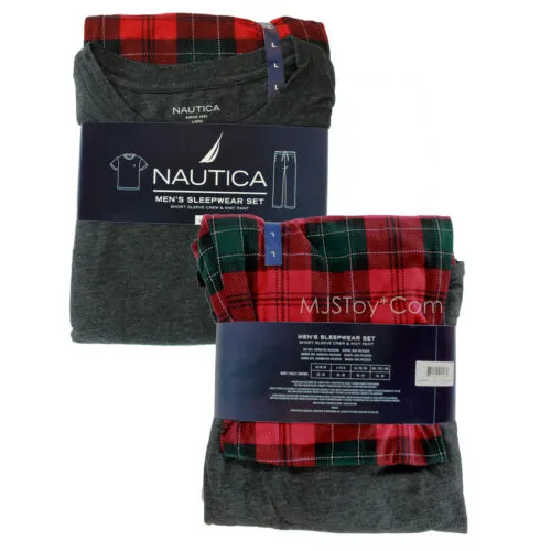 Nautica Men's Pajama Sleepwear Set Short Sleeve Crew Tee & Knit Fleece Pant