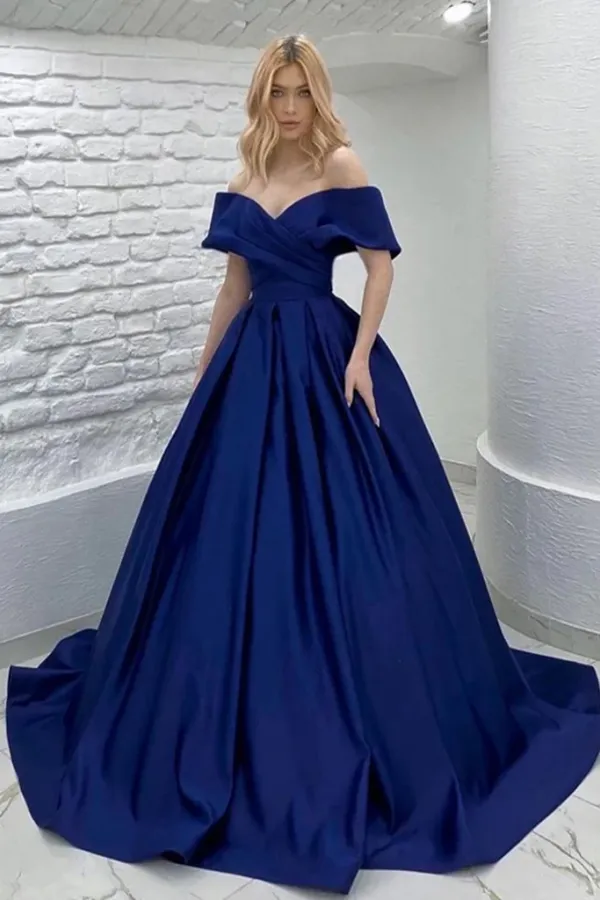 Off Shoulder Royal Blue Satin Long Prom Dress, Long Royal Blue Formal Graduation Evening Dress PFP2314