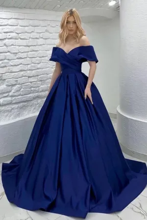 Off Shoulder Royal Blue Satin Long Prom Dress, Long Royal Blue Formal Graduation Evening Dress PFP2314