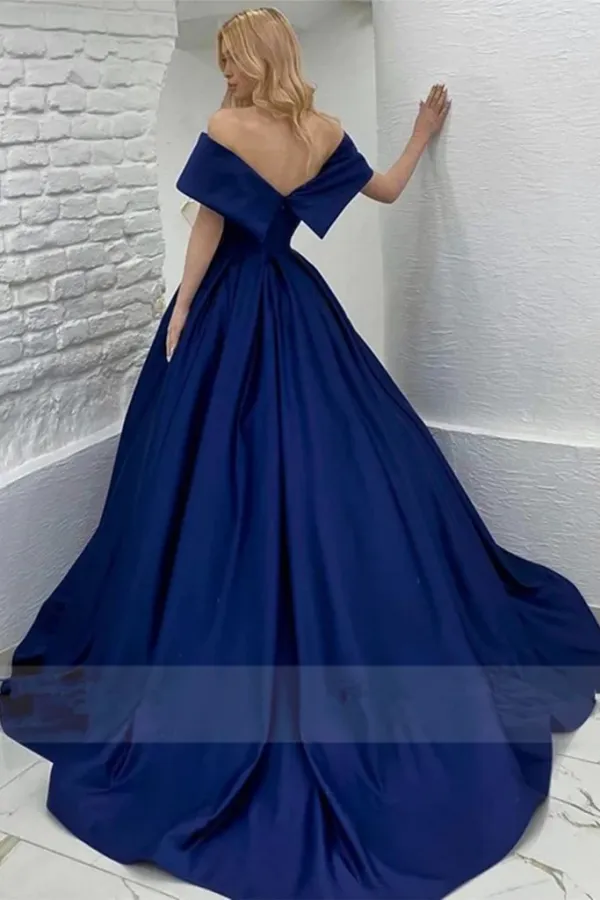 Off Shoulder Royal Blue Satin Long Prom Dress, Long Royal Blue Formal Graduation Evening Dress PFP2314