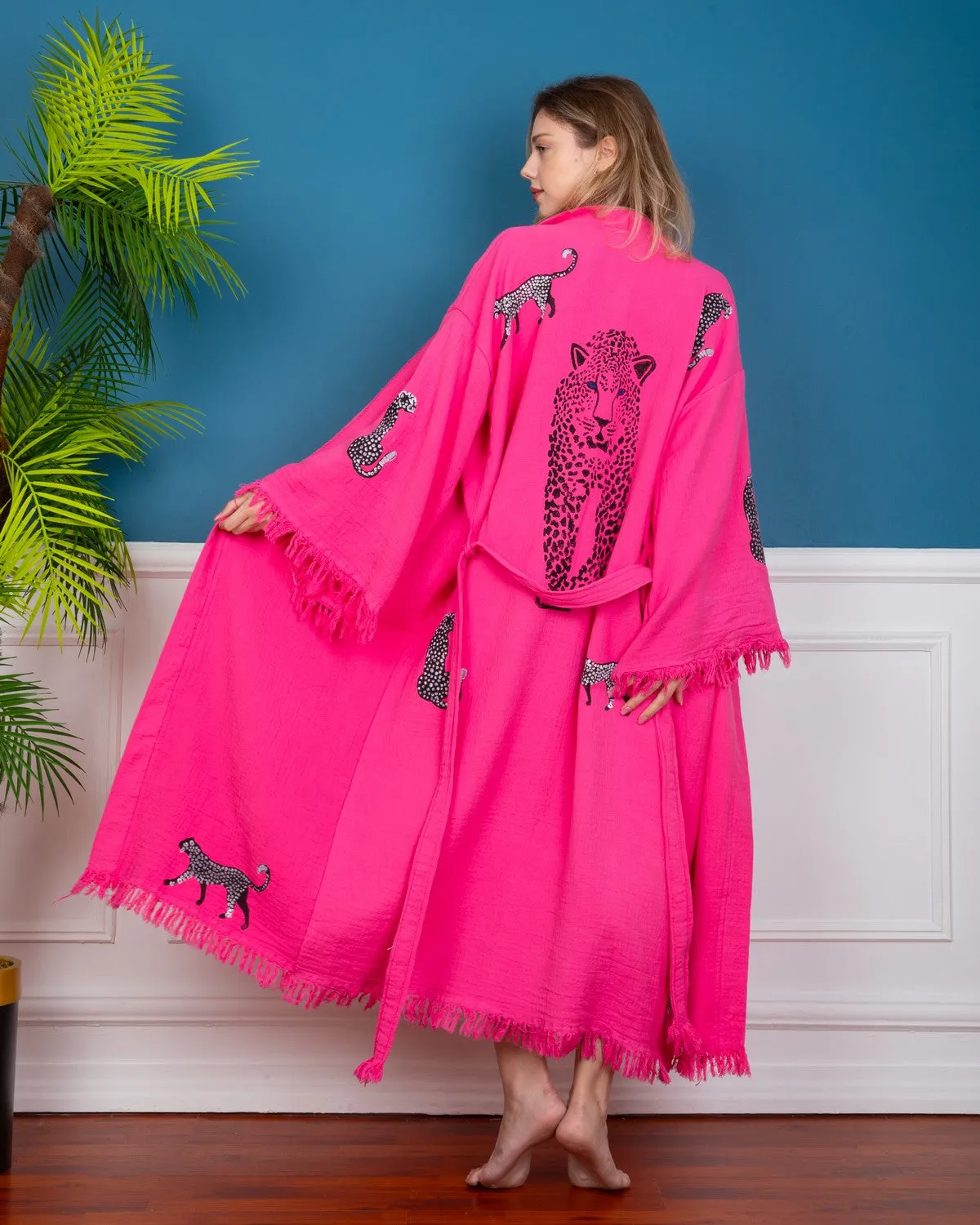 Pink - Black Leopard Kimono Robe