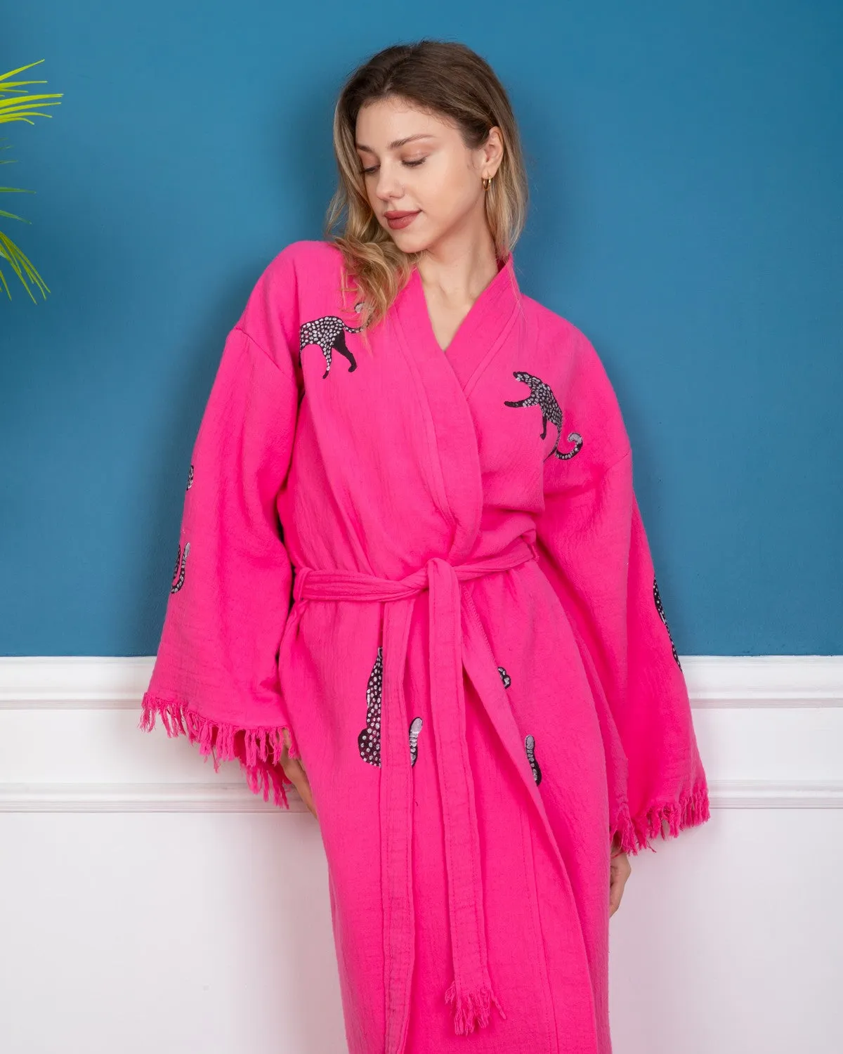 Pink - Black Leopard Kimono Robe