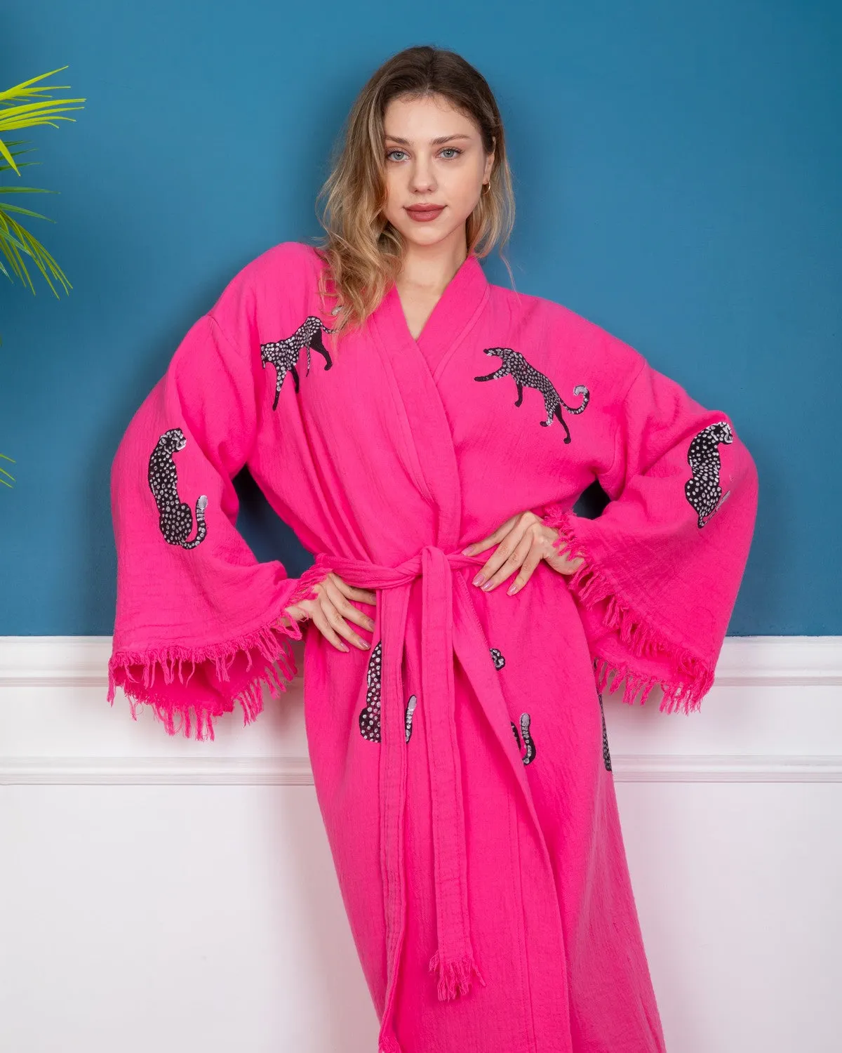 Pink - Black Leopard Kimono Robe