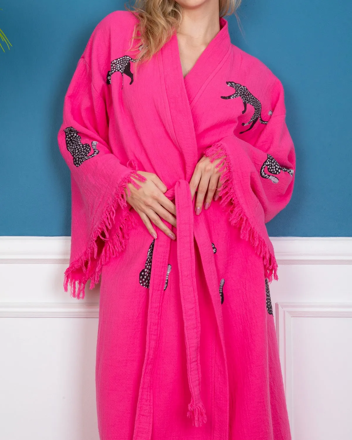 Pink - Black Leopard Kimono Robe