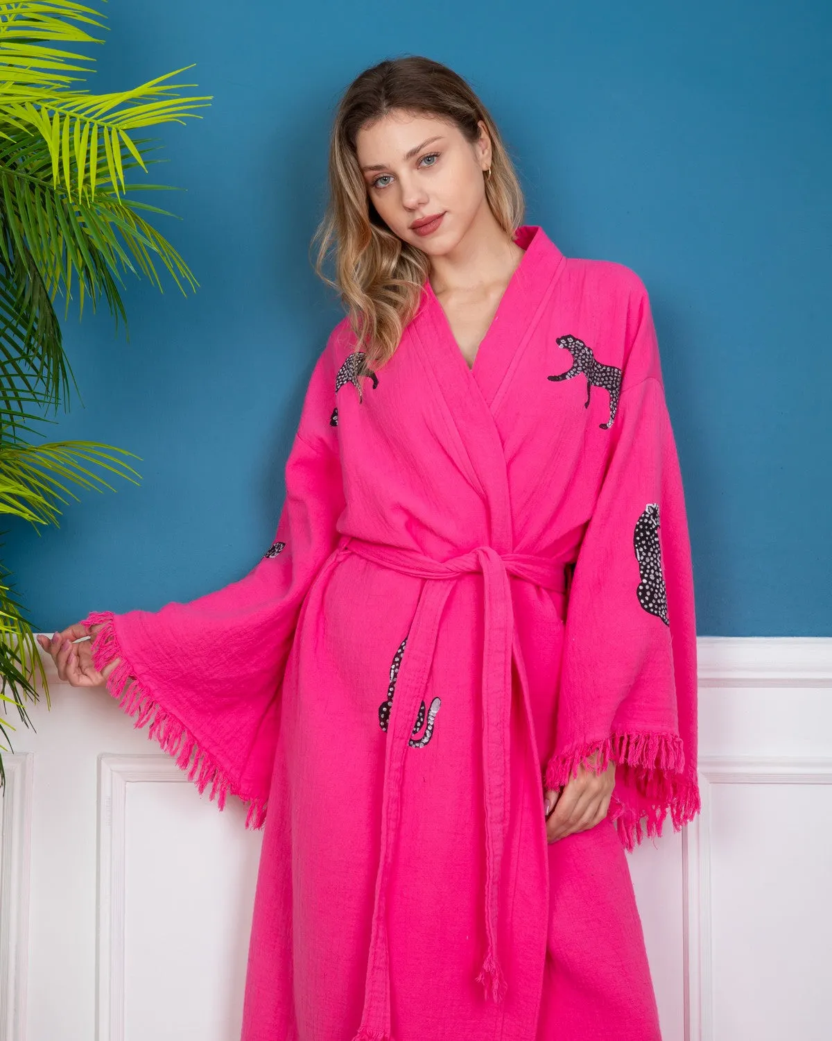 Pink - Black Leopard Kimono Robe