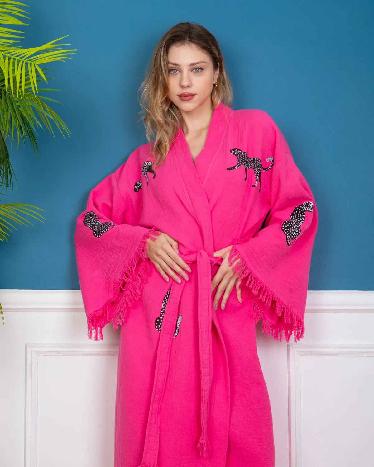Pink - Black Leopard Kimono Robe