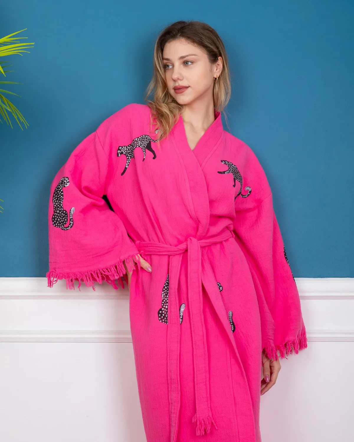 Pink - Black Leopard Kimono Robe
