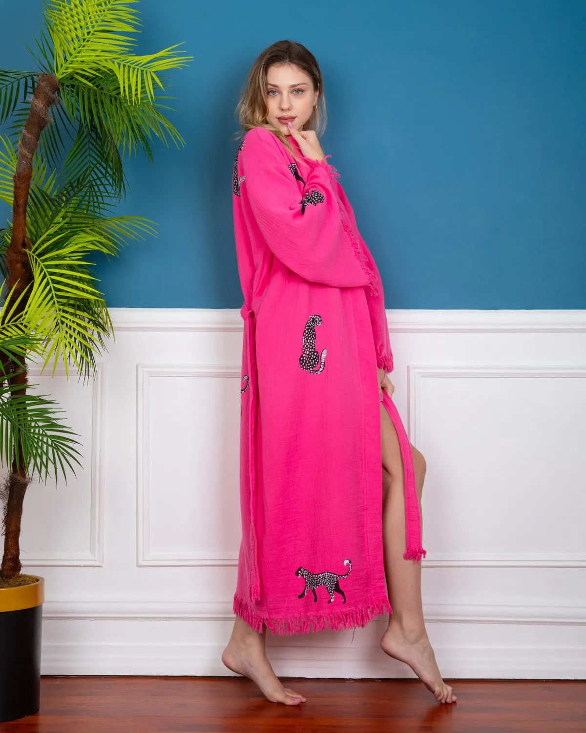 Pink - Black Leopard Kimono Robe