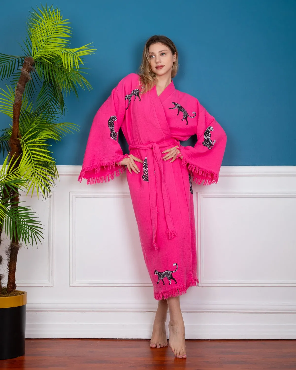 Pink - Black Leopard Kimono Robe