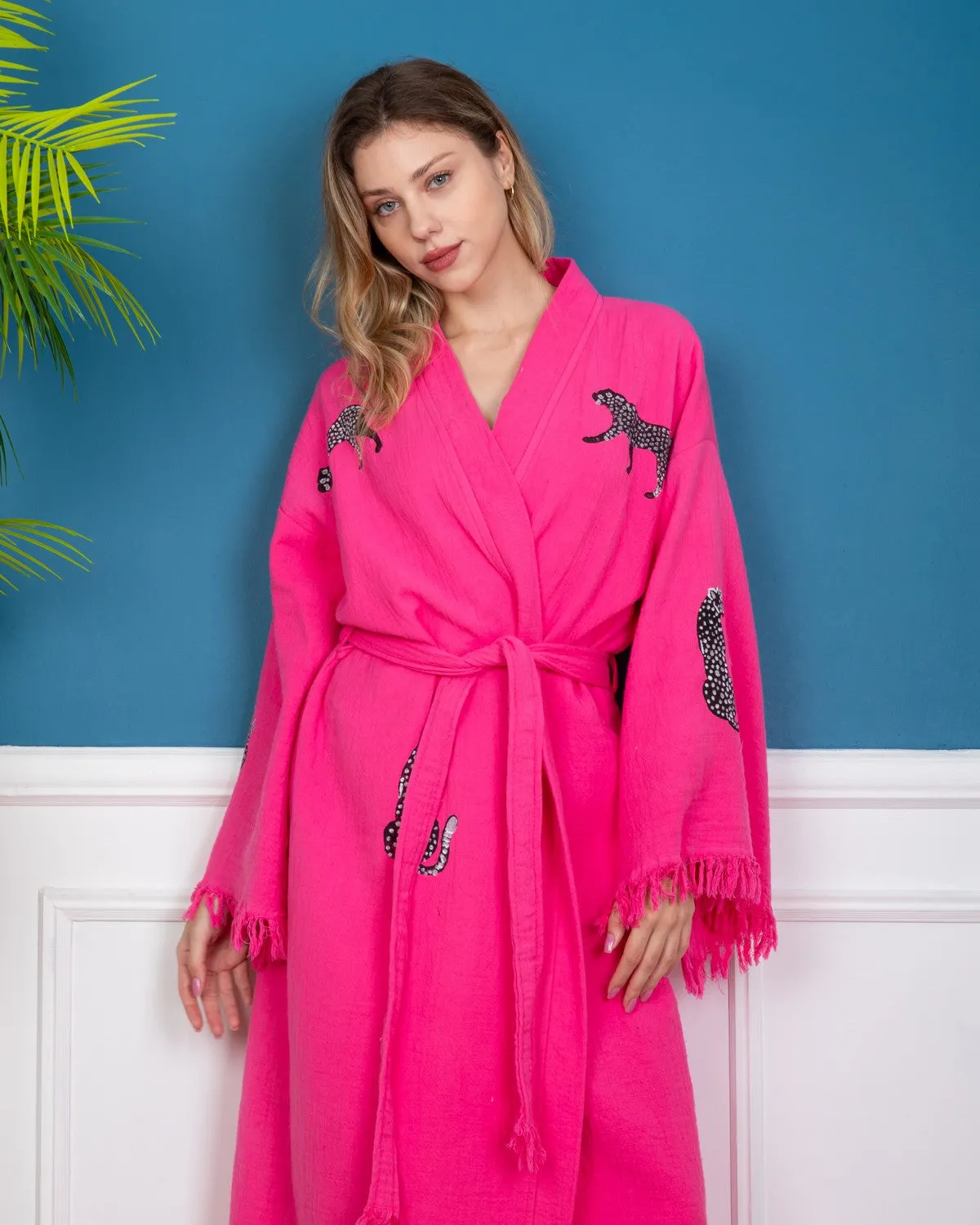 Pink - Black Leopard Kimono Robe