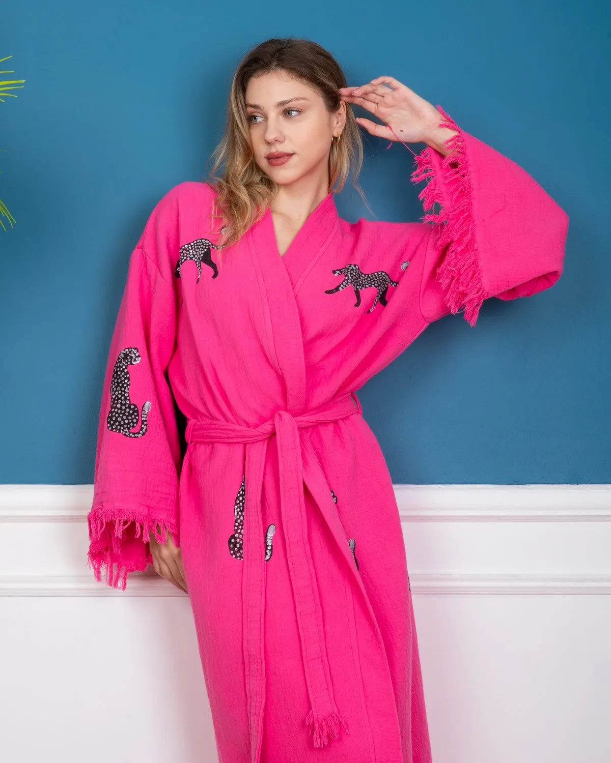 Pink - Black Leopard Kimono Robe