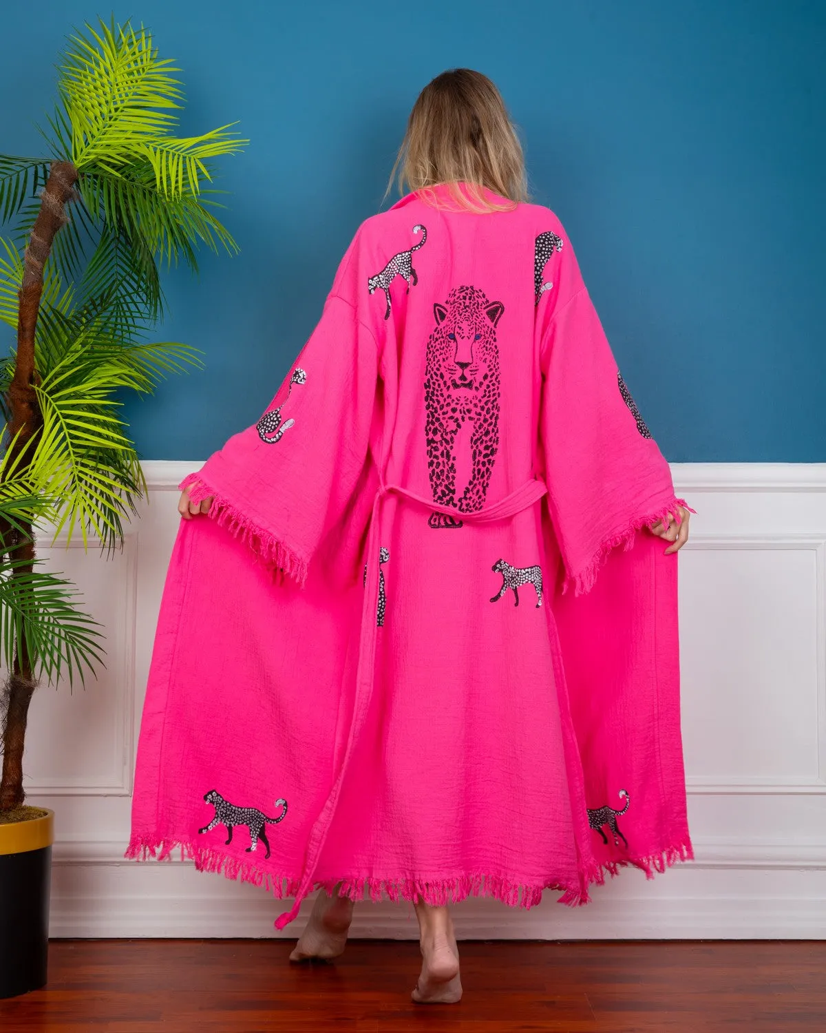 Pink - Black Leopard Kimono Robe