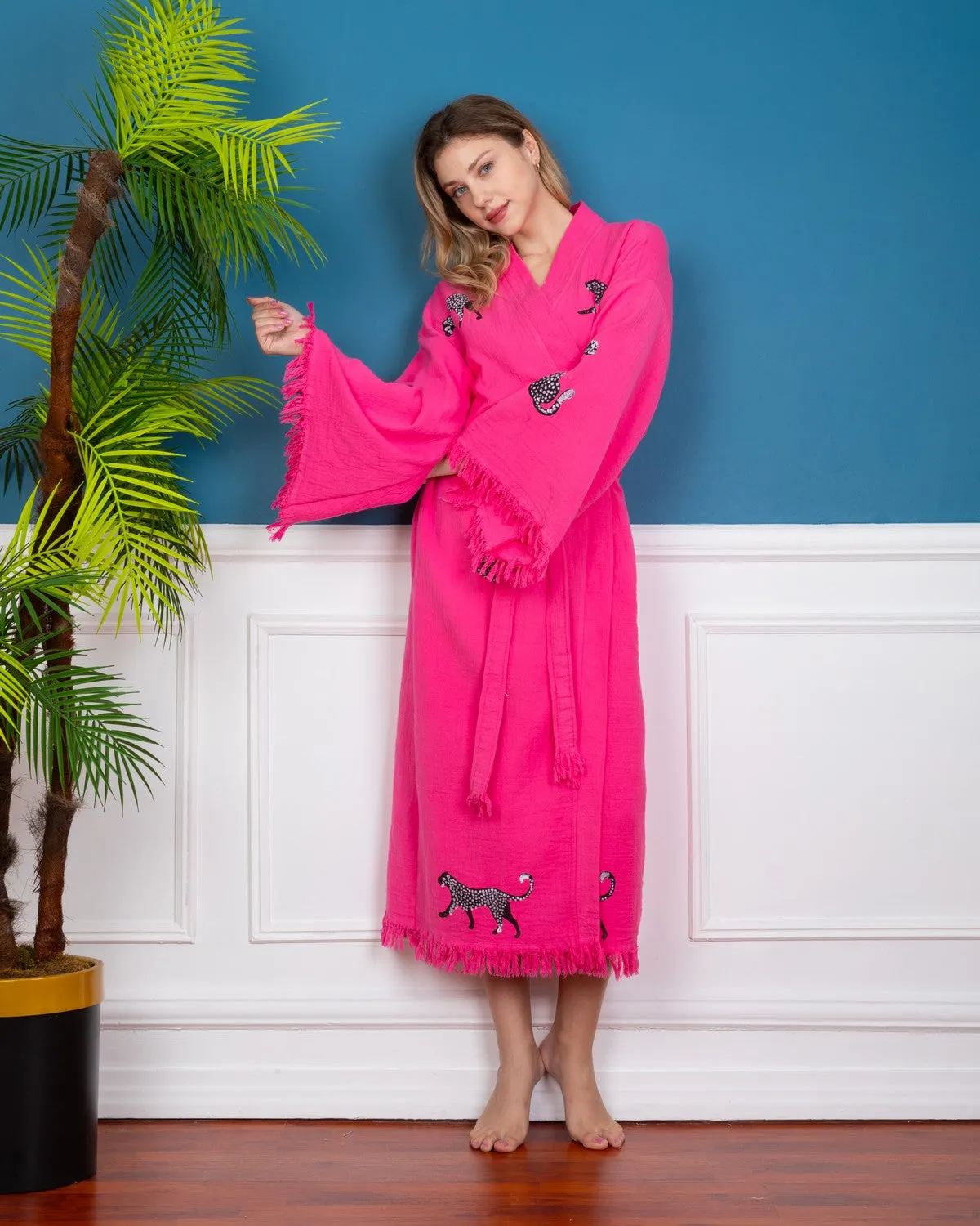 Pink - Black Leopard Kimono Robe
