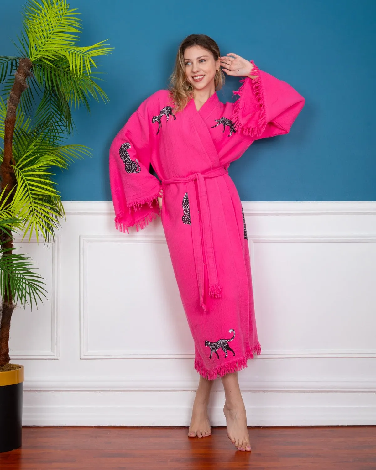 Pink - Black Leopard Kimono Robe