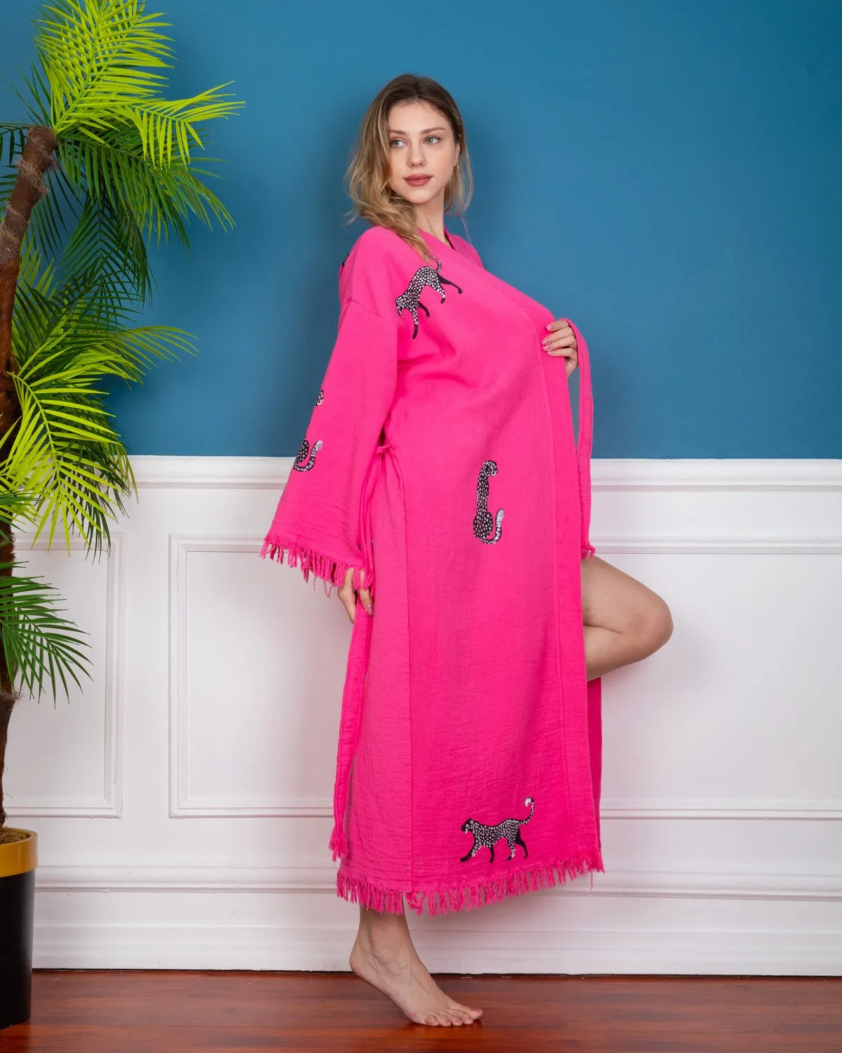 Pink - Black Leopard Kimono Robe