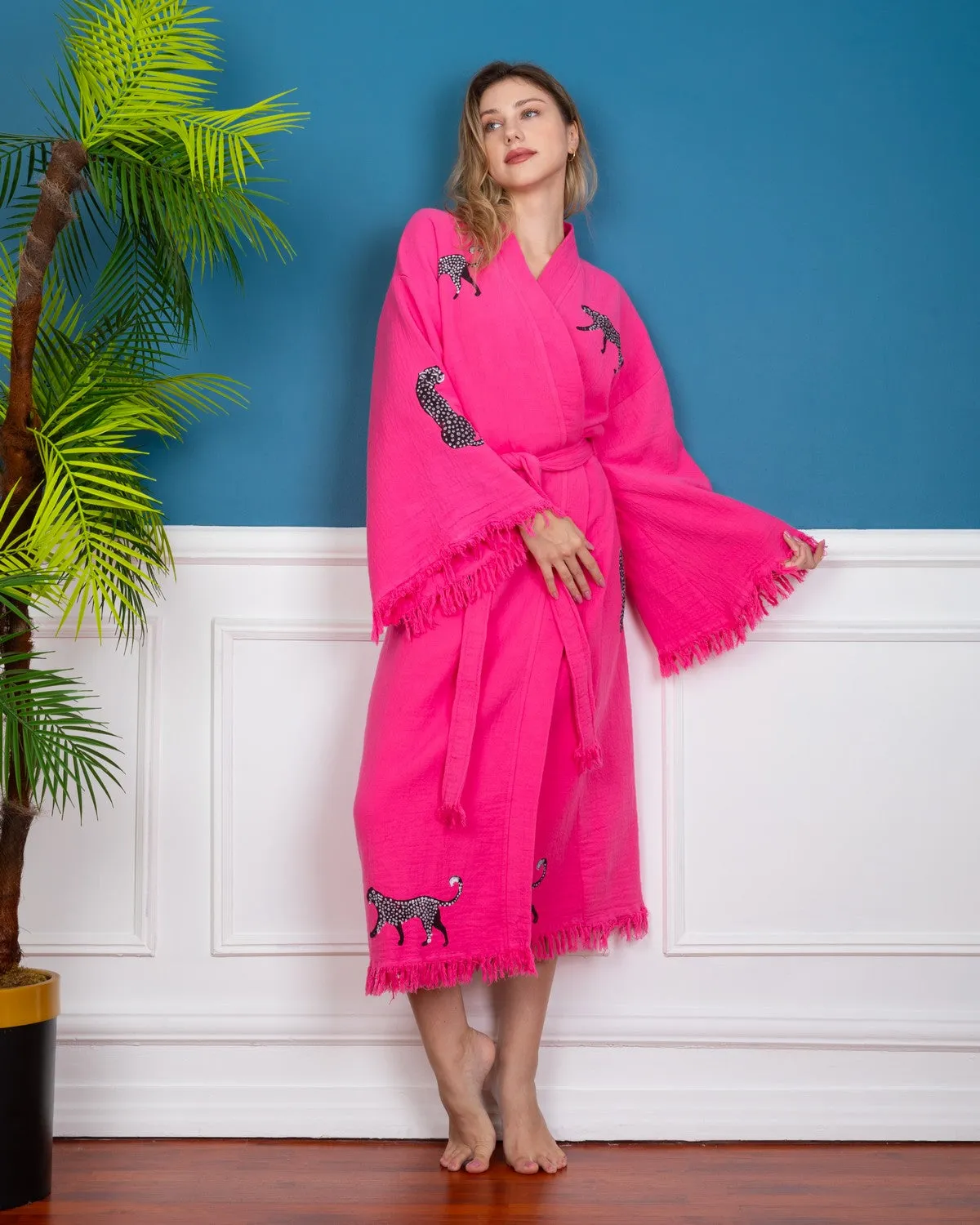 Pink - Black Leopard Kimono Robe