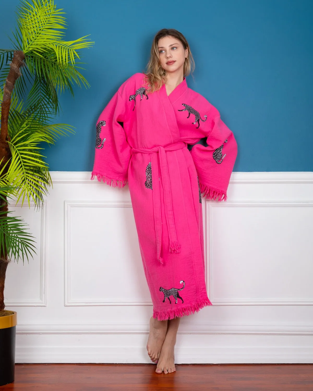 Pink - Black Leopard Kimono Robe