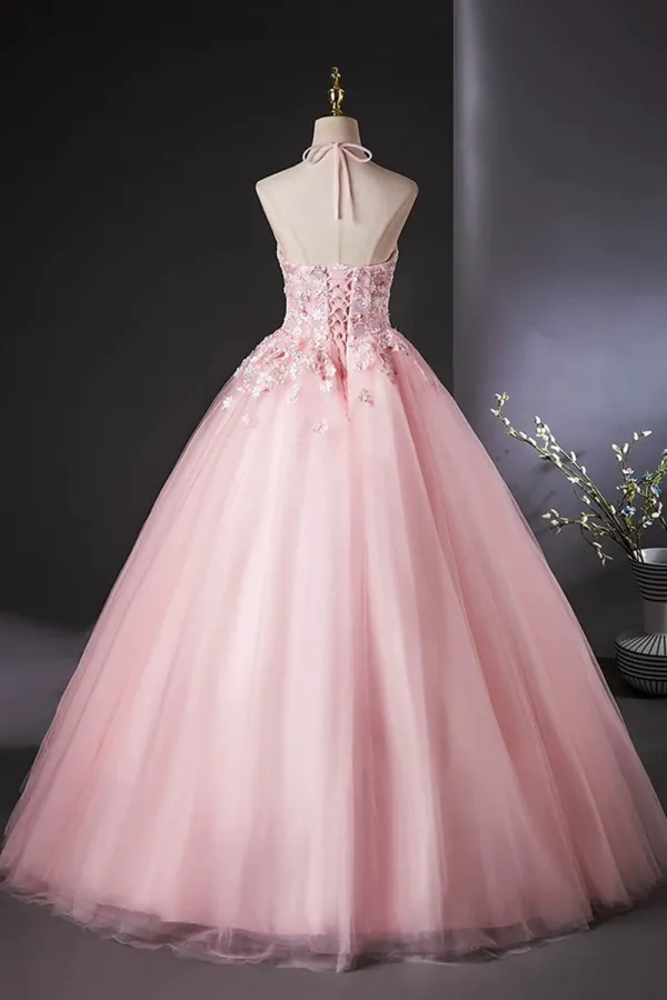 Pink Halter Tulle Flowers Long Prom Dress, Beautiful Backless Evening Party Dress PFP2665