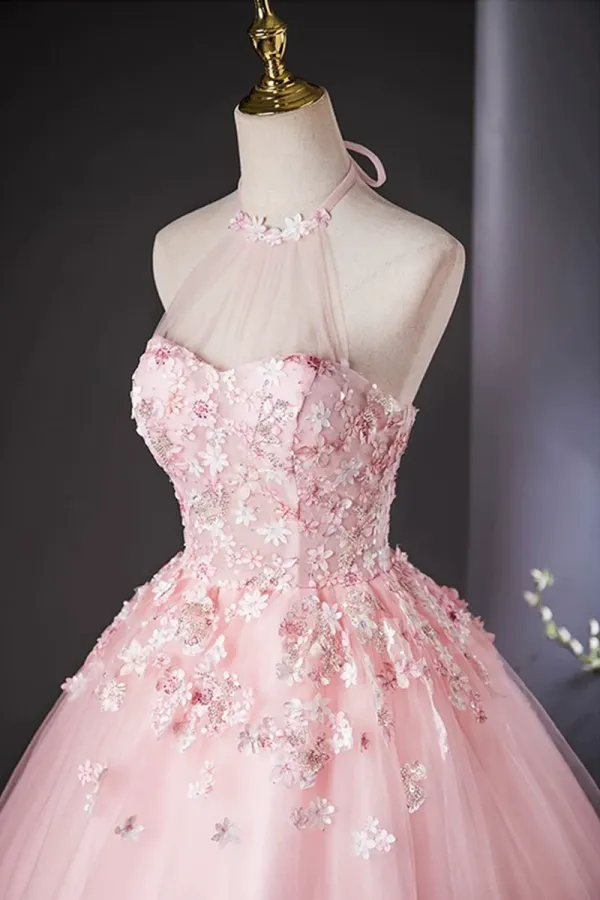 Pink Halter Tulle Flowers Long Prom Dress, Beautiful Backless Evening Party Dress PFP2665