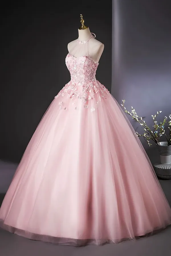 Pink Halter Tulle Flowers Long Prom Dress, Beautiful Backless Evening Party Dress PFP2665