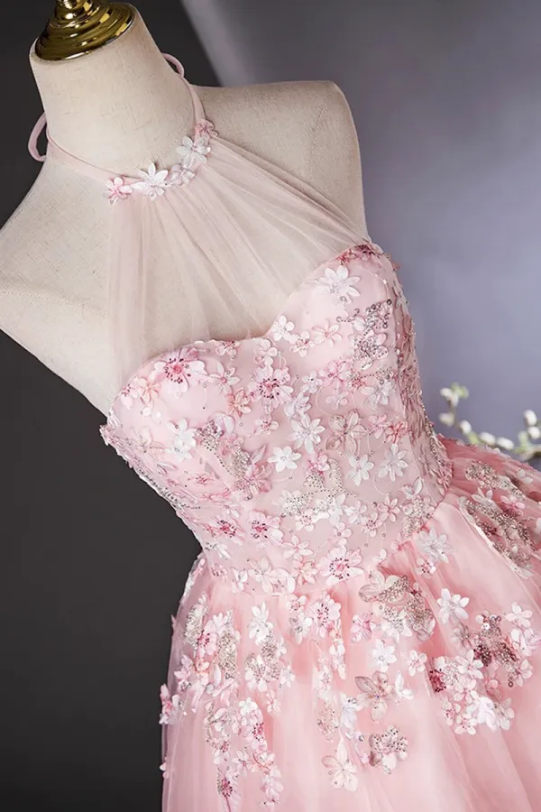 Pink Halter Tulle Flowers Long Prom Dress, Beautiful Backless Evening Party Dress PFP2665