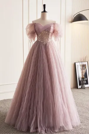 Pink Tulle Sequins Floor Length Prom Dress, Beautiful Off the Shoulder Evening Party Dress PFP2527