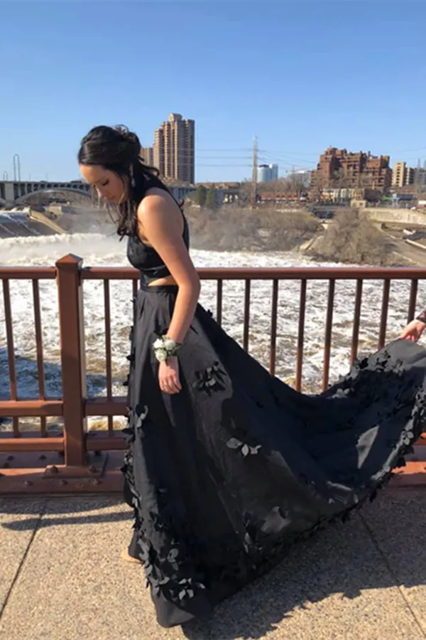 Promfast Beautiful Black Satin Prom Dresses Modest A Line Party Gowns PFP2099