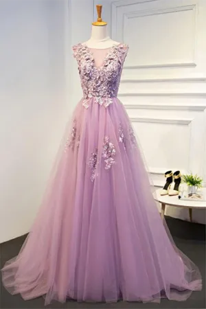 Promfast Chic Prom Dresses A line Scoop Short Train Lilac Prom Dress Evening Dress PFP2031