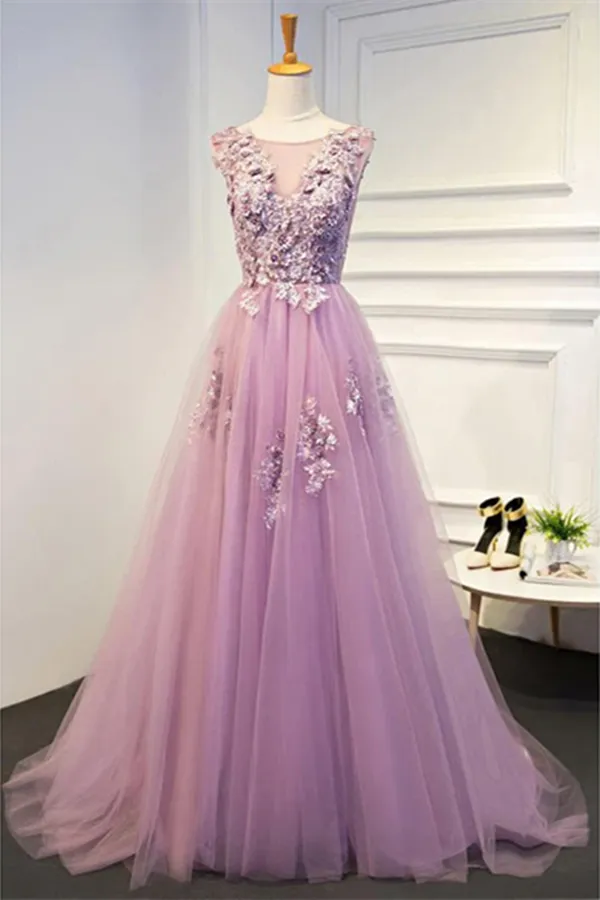 Promfast Chic Prom Dresses A line Scoop Short Train Lilac Prom Dress Evening Dress PFP2031